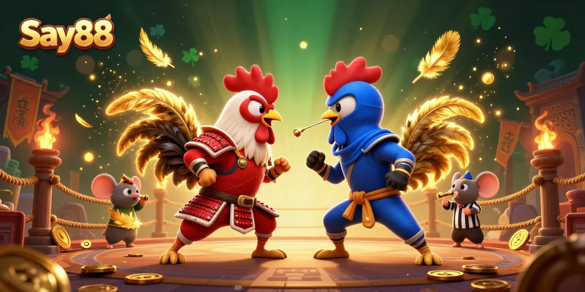 Engaging gameplay at Say88 with twin roosters in combat, showcasing a vibrant betting atmosphere.