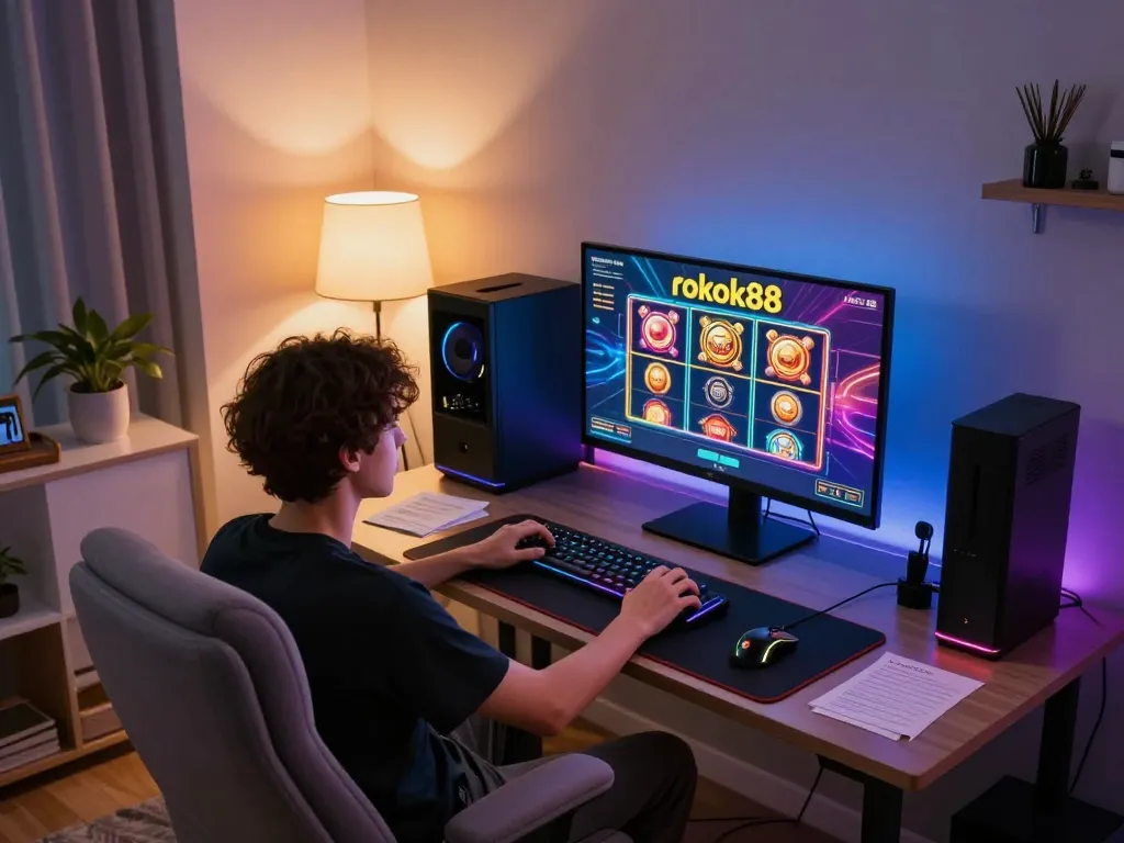 Engaging moment of a player enjoying rokok88 slot at a modern gaming setup, highlighting a vibrant atmosphere.