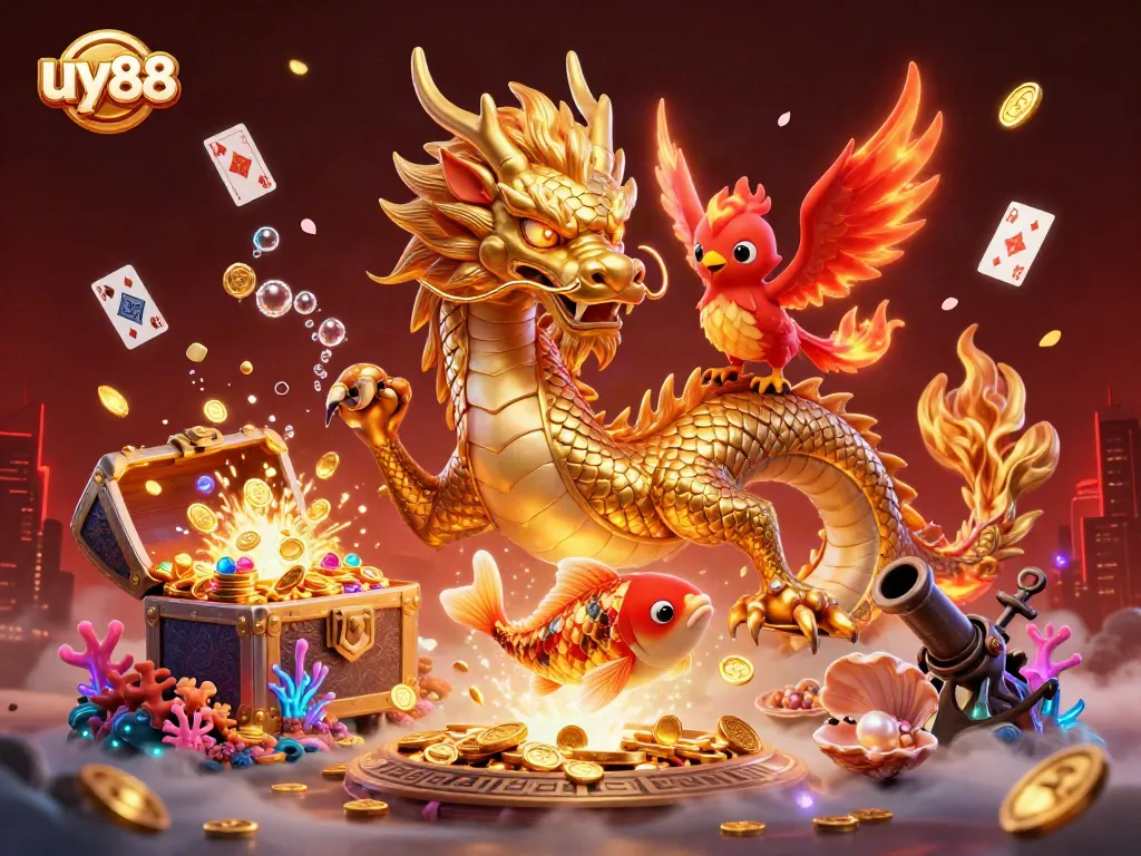 Experience the excitement of uy88 with a stunning 3D illustration featuring a golden dragon, phoenix, and koi in a rich casino atmosphere.
