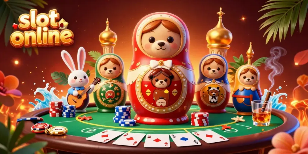 Engaging illustration featuring a colorful 3D scene with casino-themed elements, showcasing slot online excitement and playful characters.