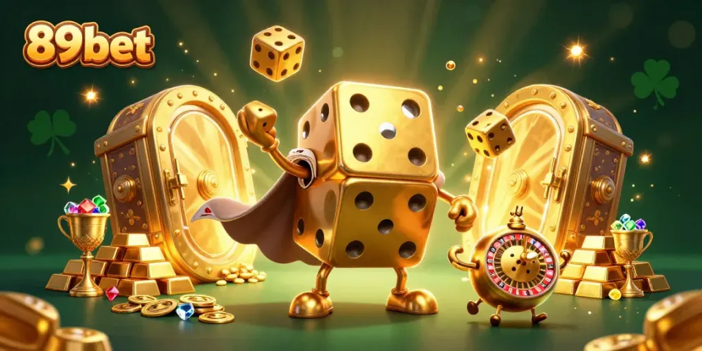 89 bet reveals a vibrant casino scene with a golden dice golem amidst riches and energy.