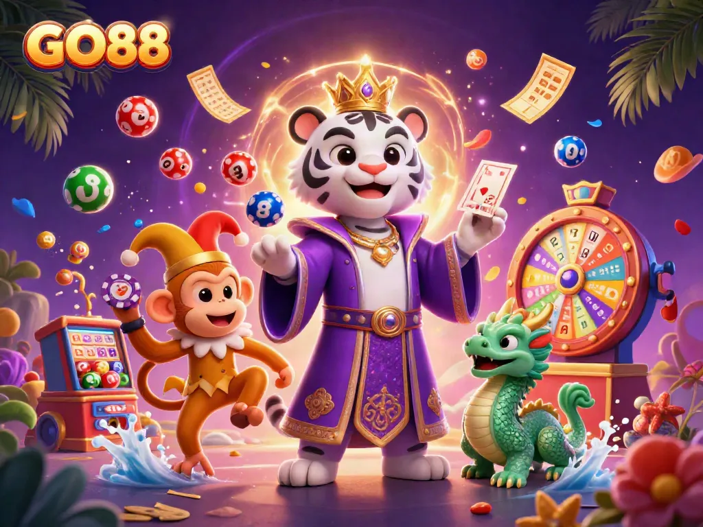 Experience excitement with GO88 through a lively casino scene featuring a tiger, monkey, and jackpot elements.