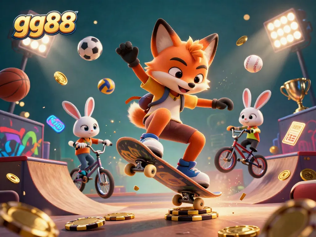 Experience exciting gameplay at gg88 with a vibrant 3D scene featuring an energetic fox and rabbit in an engaging casino setting.