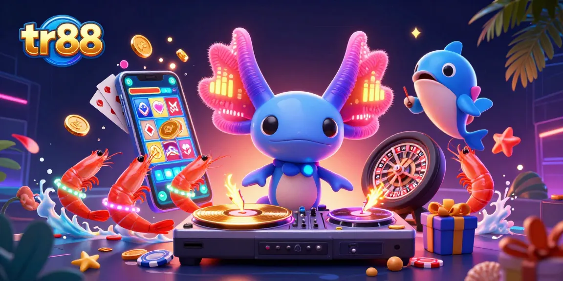 tr88 captures excitement with a neon axolotl DJ spinning games and cash in vibrant underwater action.