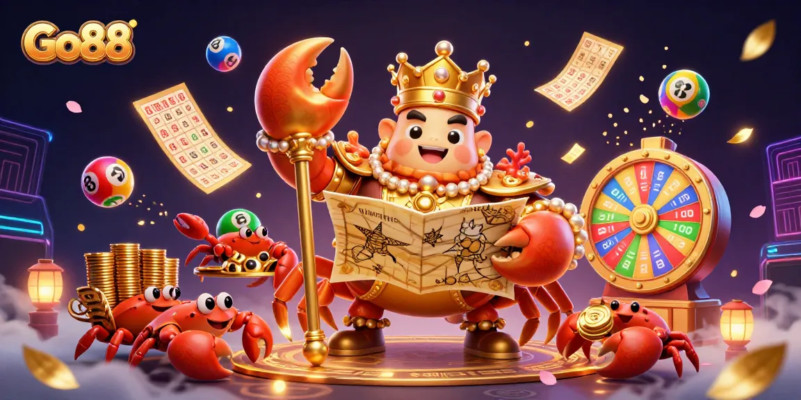 Celebrate wins at Go88 with vibrant lottery elements and a golden crab emperor in a dazzling casino scene.