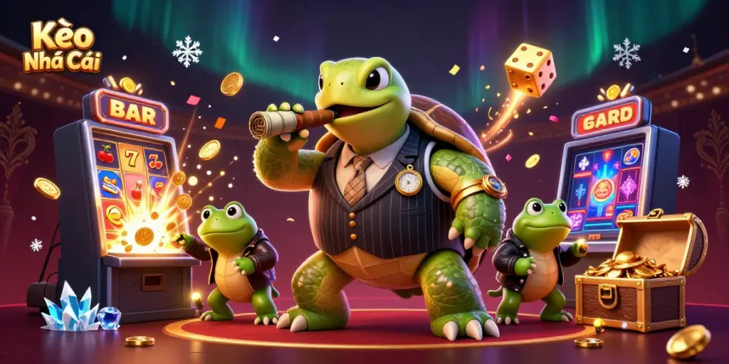 Kèo Nhà Cái showcases a vibrant casino scene with a snapping turtle in a mobster suit and bullfrog enforcers amidst slots and treasure.