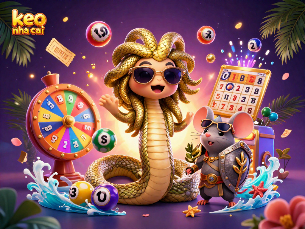 Engage with exciting games at keo nha cai, featuring colorful lottery balls and a friendly Medusa.