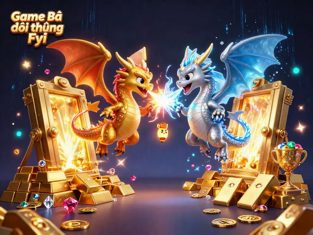 Engage with Game Bài Đổi Thưởng Fyi, featuring gold and silver dragons amidst treasures