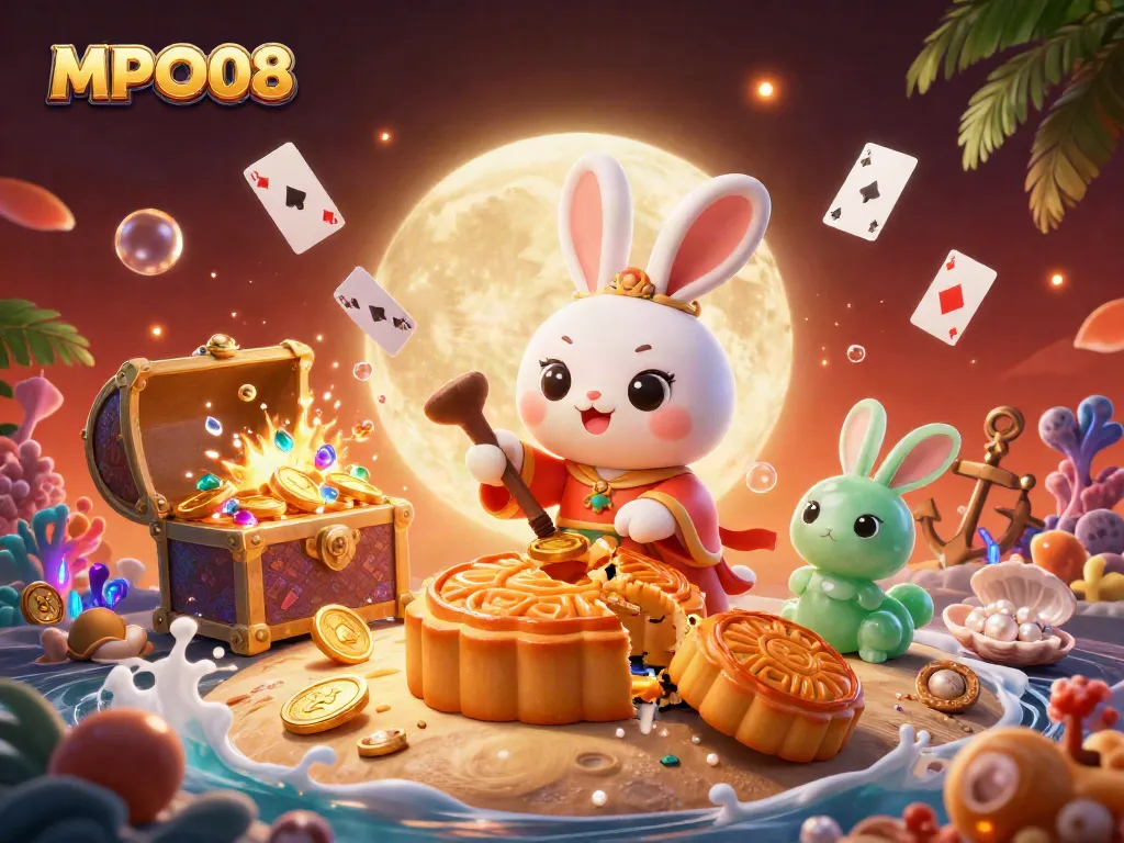 MPO08 showcases an energetic scene of a moon rabbit and treasures in an online gambling environment.