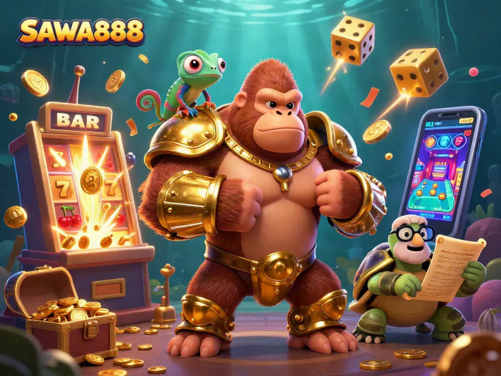 Experience exciting wins with SAWA888's vibrant casino scene featuring a powerful gorilla and lucky charms.
