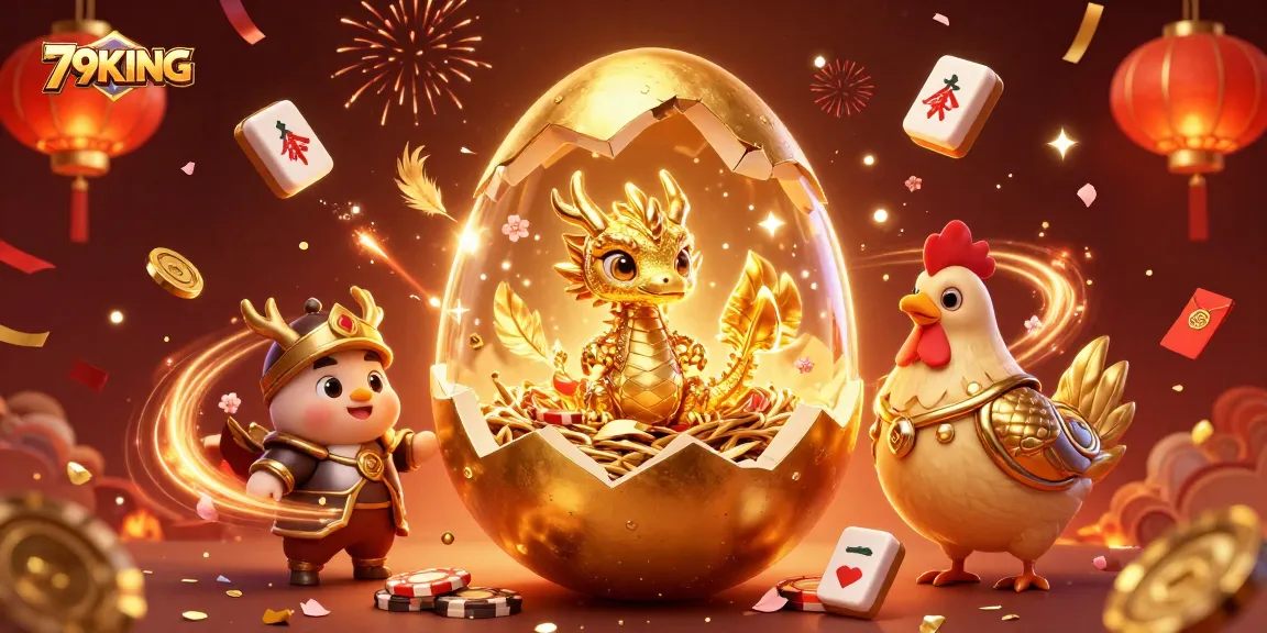 Engage with 79KING's vibrant casino world featuring a golden dragon, celebratory elements, and dynamic gaming atmosphere.