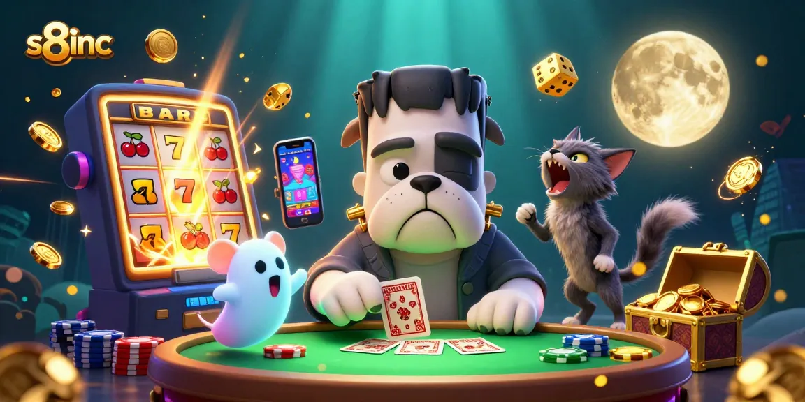 S8inc showcases the excitement of gambling with a cartoon Frankenstein bulldog dealer amidst a lively casino scene.
