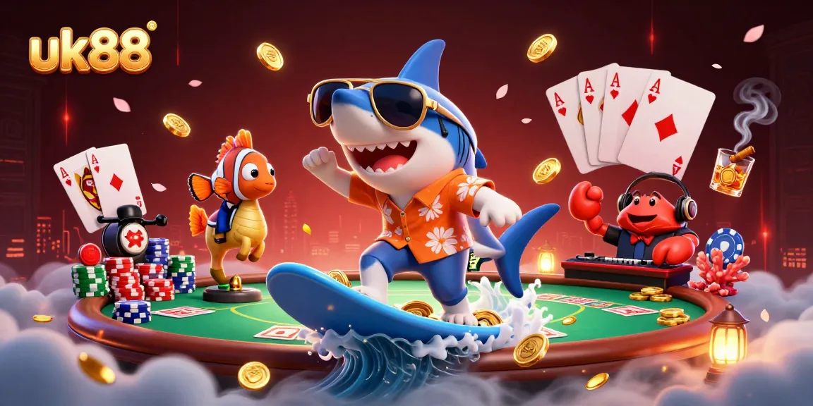 Catch exciting action at uk88 with a shark surfing on gold coins and poker elements in a vibrant casino scene.