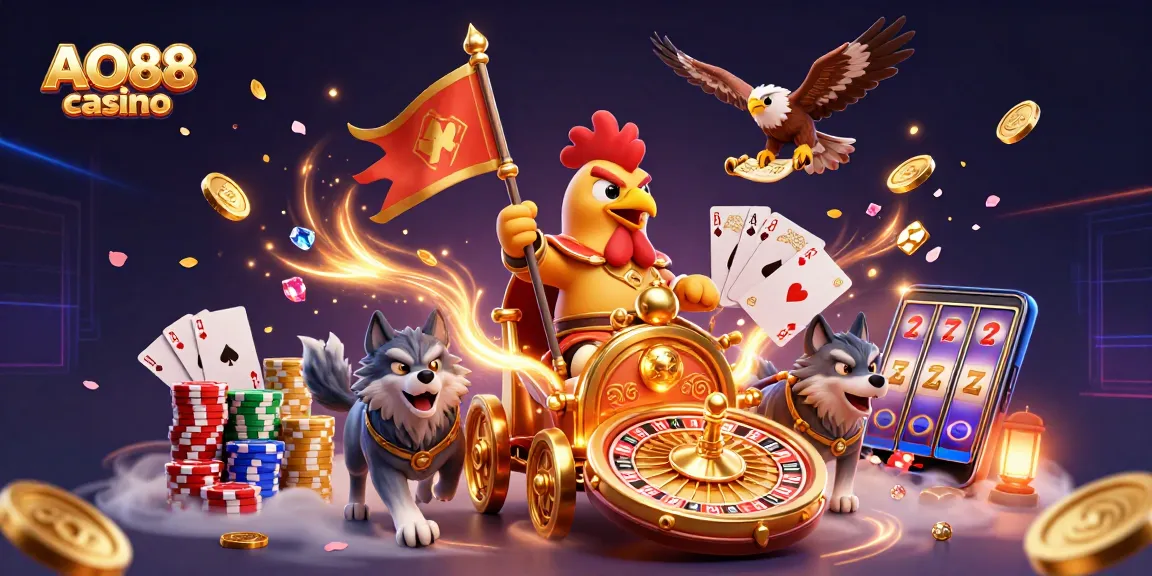Engage with the dynamic AO88 casino scene featuring a rooster warlord surrounded by casino elements.