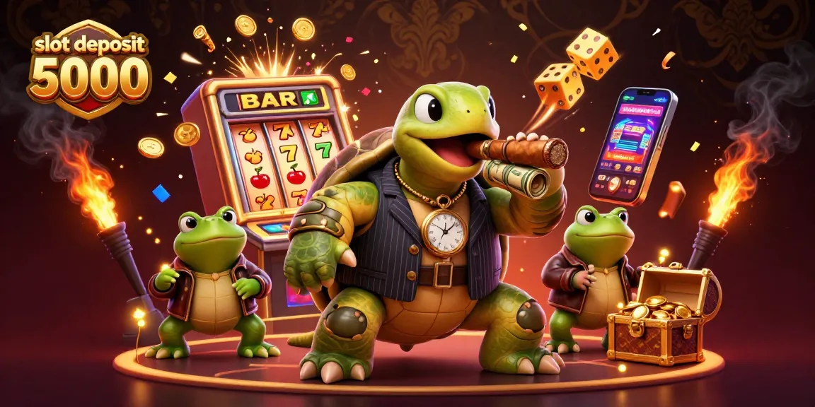 Experience the excitement of slot deposit 5000 with a vibrant casino scene showcasing a turtle mobster and slot machine action.