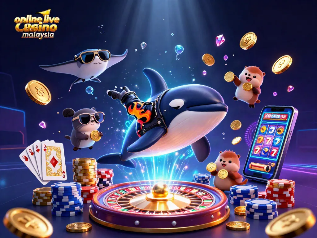 Engage with the exciting online live casino Malaysia featuring vibrant characters, spinning roulette, and gold coins.