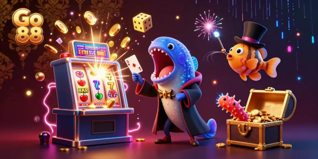 Experience thrilling card tricks in a vibrant Go 88 casino scene with glowing jackpots and enchanting characters.