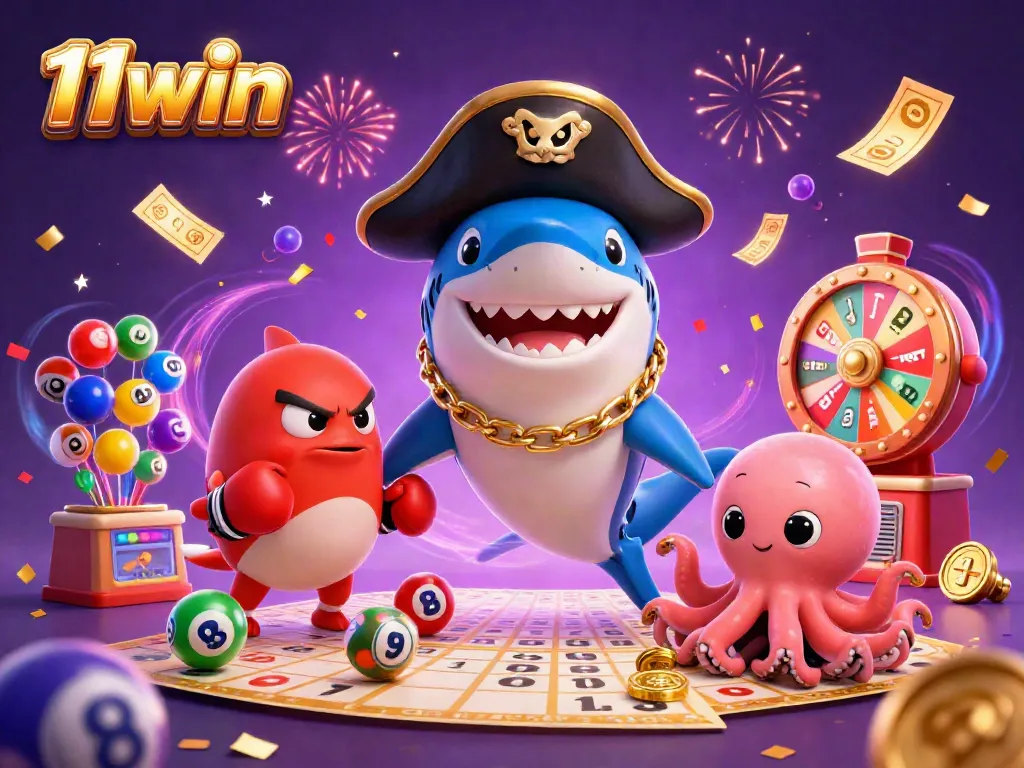 Spin the 11win prize wheel in a vibrant casino scene with cartoon characters and lottery elements.