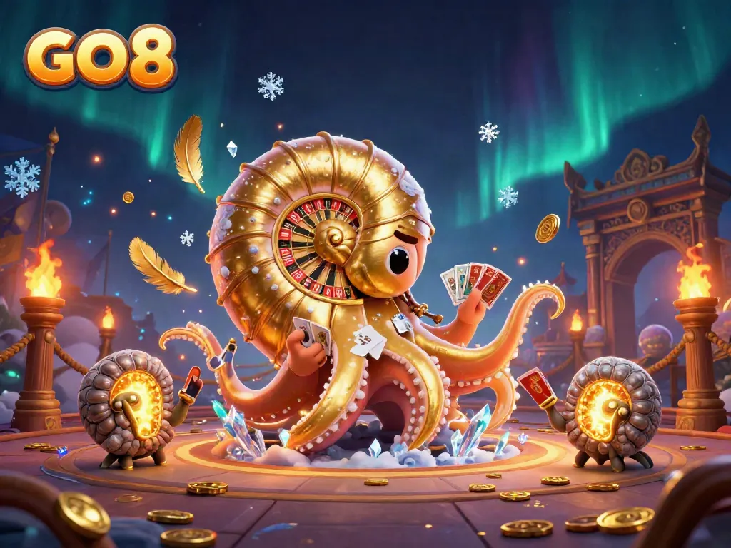 Experience the thrill of GO 8 with vibrant casino elements and characters under a magical setting.