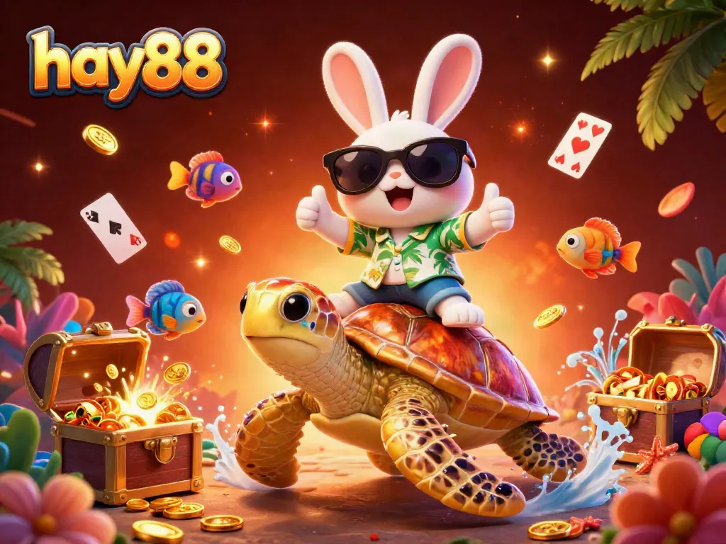 Engage with the vibrant world of hay88, where a lucky rabbit celebrates wins surrounded by treasure and playful casino elements.