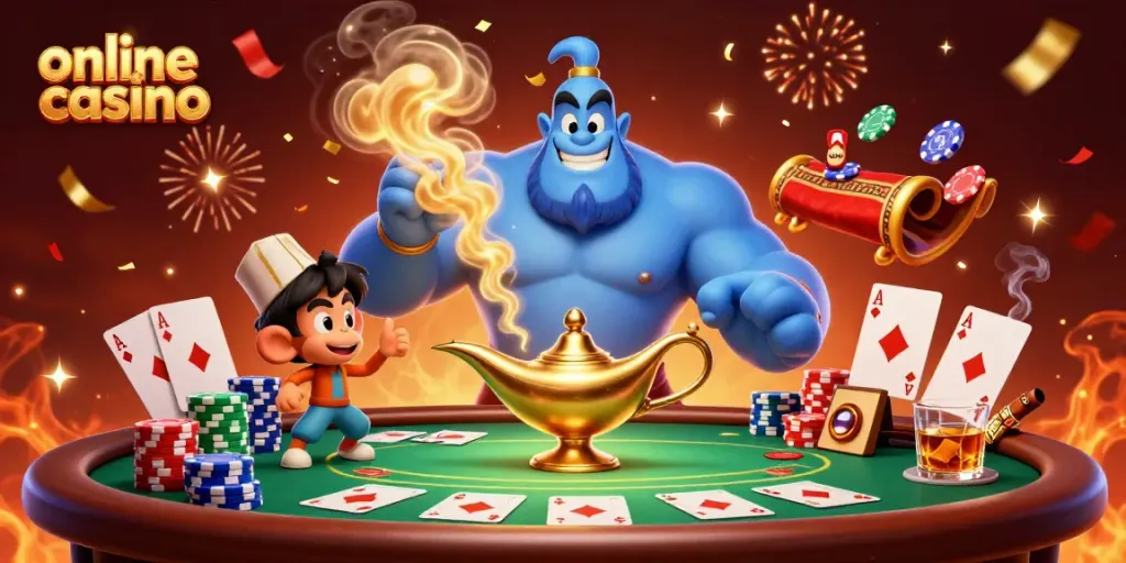 Disfruta de un emocionante casino online con una lámpara mágica, un genio y un mono, rodeados de fichas de póker.