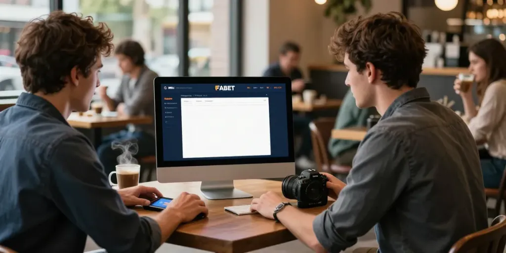A young man engaging with the FABET gambling platform at a coffee shop, showcasing online betting.