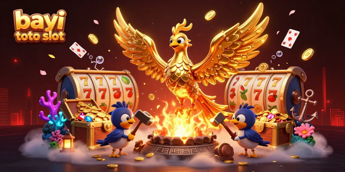 Experience the thrill of bayi toto slot with golden phoenix, coins, and vibrant casino elements.