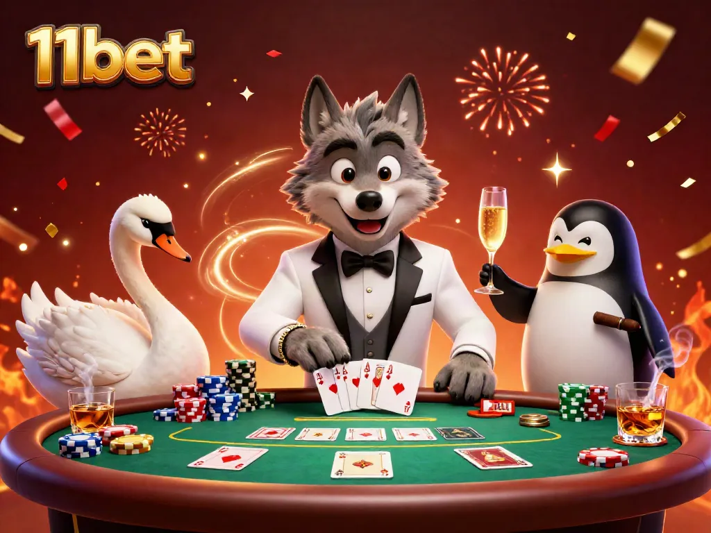 Engage in exciting games at 11bet featuring a debonair wolf, elegant swan, and sophisticated penguin in a vibrant casino atmosphere.