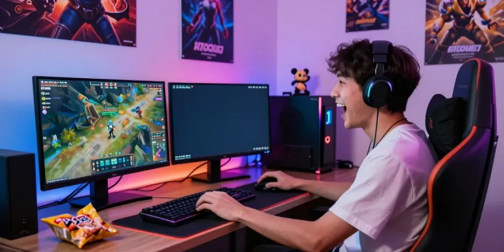 Excited player engaging with the HitClub gaming platform on dual monitors, lively gaming environment.
