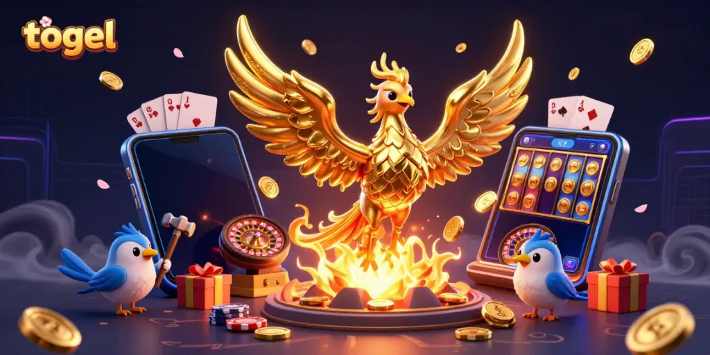 Experience the excitement of togel with a molten gold phoenix and vibrant casino elements.