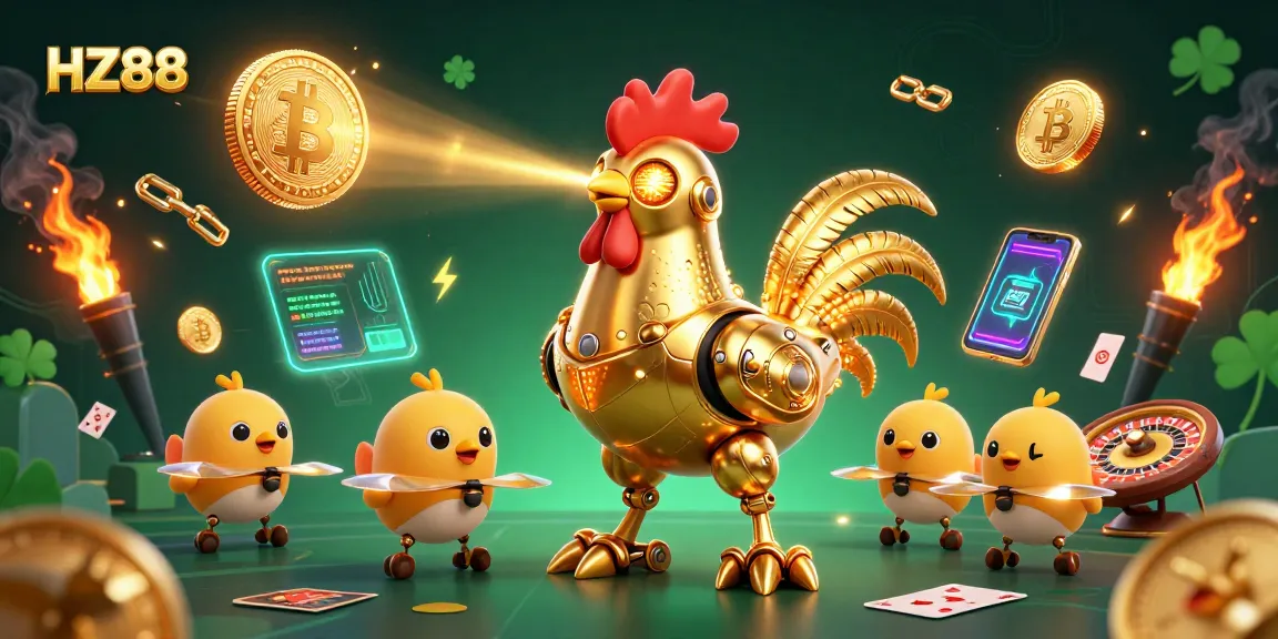 Spin into fun with HZ88's golden rooster robot and crypto-themed casino elements.