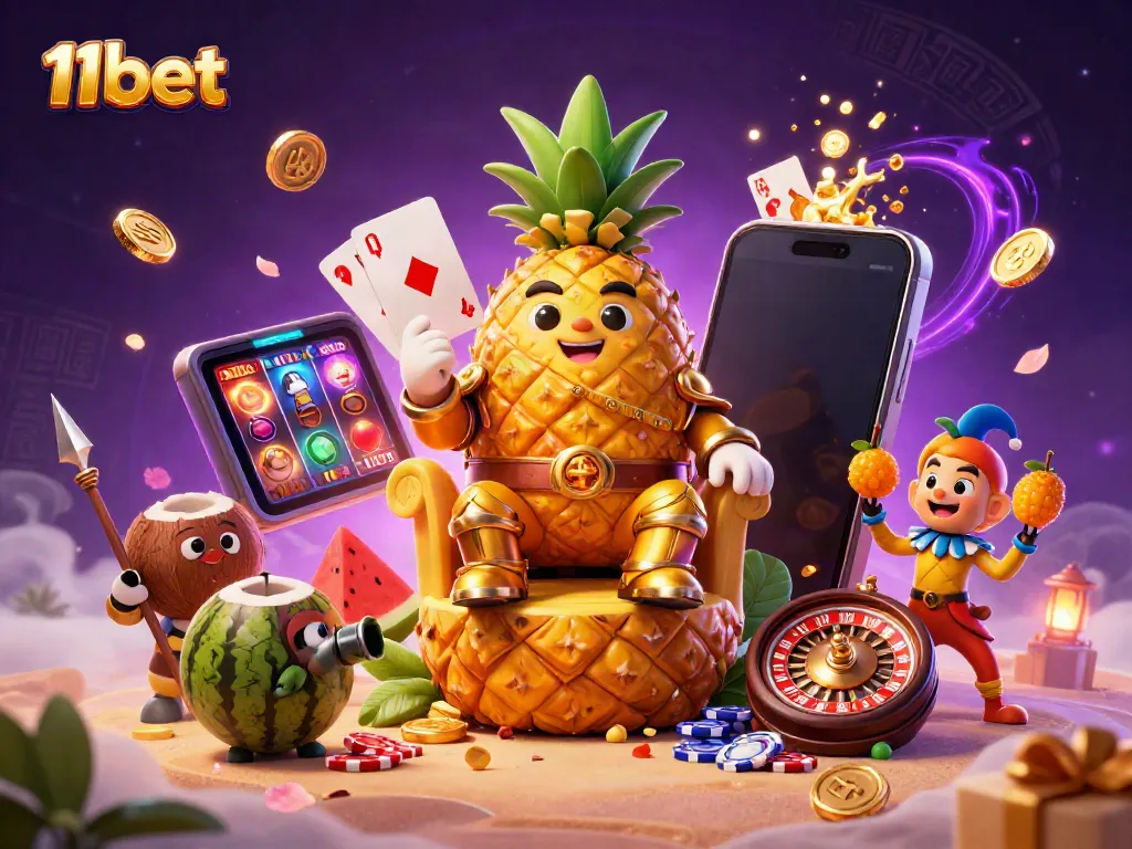 Experience the thrill of 11bet gaming with a vibrant 3D illustration featuring a golden pineapple king and rich casino elements.
