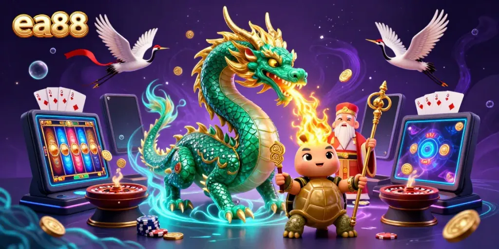 Experience the thrill of ea88 with a jade dragon, turtle sage, and lucky cranes amidst vibrant casino games.
