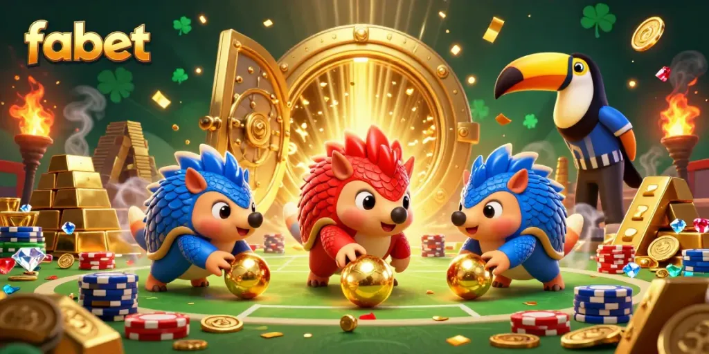 Engage with fabet's thrilling casino adventure featuring playful pangolins amid a golden treasure scene.