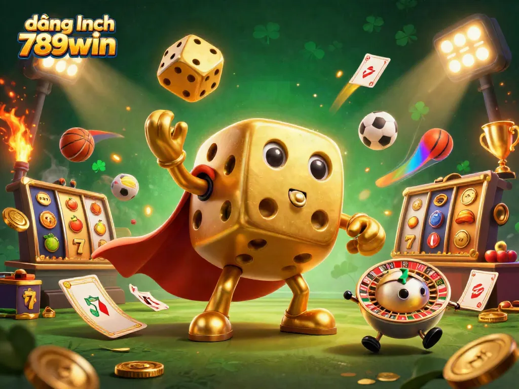Engage with thrilling gameplay at đăng nhập 789win featuring a golden dice golem surrounded by dynamic gaming elements.