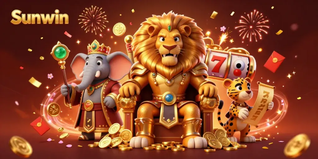 Experience the thrill of Sunwin with vibrant casino elements and majestic characters in a dynamic scene.
