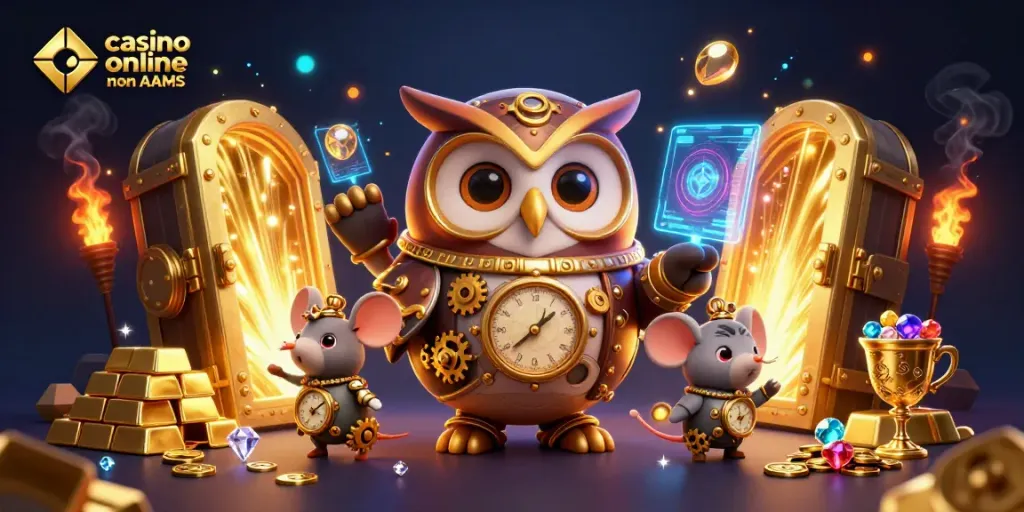 Gioca nei migliori casino online non AAMS in un'illustrazione fantastica con un gufo viaggiatore del tempo.
