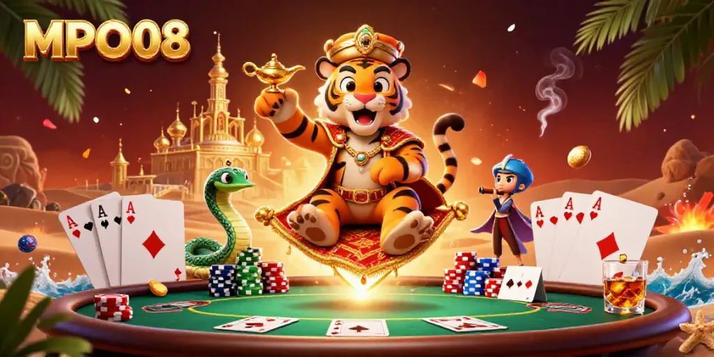 Experience exciting gaming with MPO08 as a tiger sultan commands a poker table on a flying carpet.