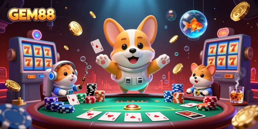 Experience GEM88's exhilarating gaming world with floating chips in an outer space casino scene.