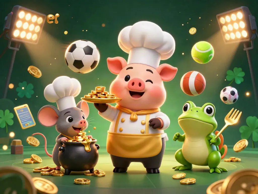 Bet big with Mubet as a 3D cartoon chef pig serves gold coins, surrounded by sports elements.