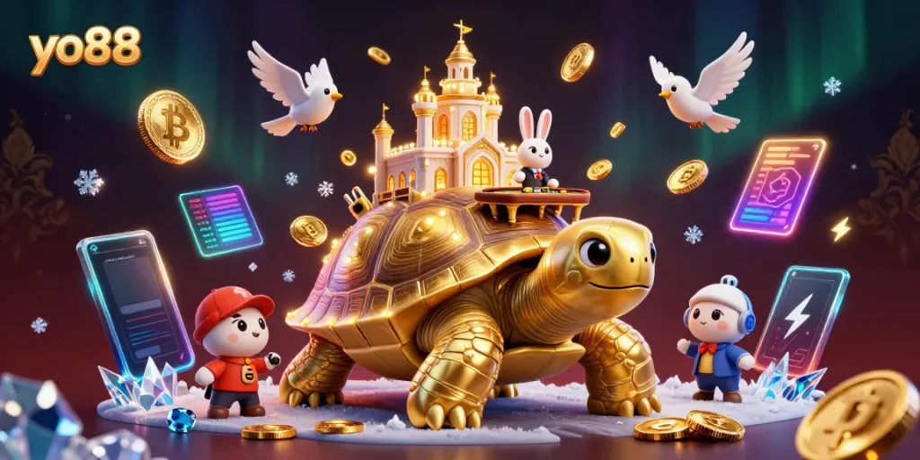 Experience gaming at yo88 with a giant tortoise casino, rabbit dealer, and vibrant crypto elements.