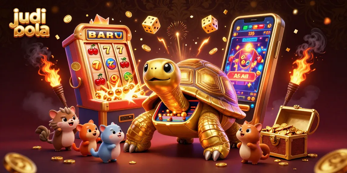 Bettors enjoy judi bola excitement with a colossal golden tortoise, colorful slot machine, and casino treasures.
