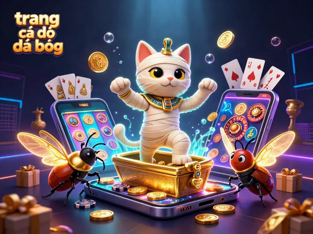 Trang cá độ đá bóng nổi bật với hình ảnh mèo xác ướp và nhiều biểu tượng cá cược hấp dẫn.