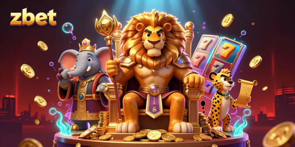 zbet showcases vibrant casino elements within a dynamic 3D scene illustrating gaming excitement