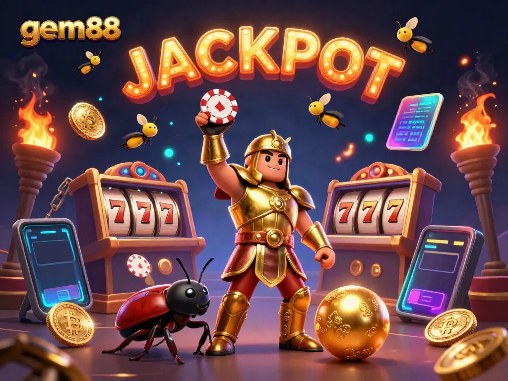 Experience the thrill of gem88 with vibrant characters celebrating a casino jackpot and crypto elements.