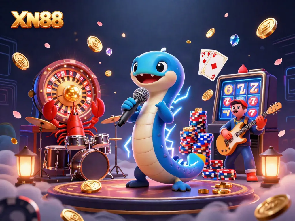 Experience the thrill of XN88's underwater casino with energetic characters, vibrant coins, and a lively atmosphere.