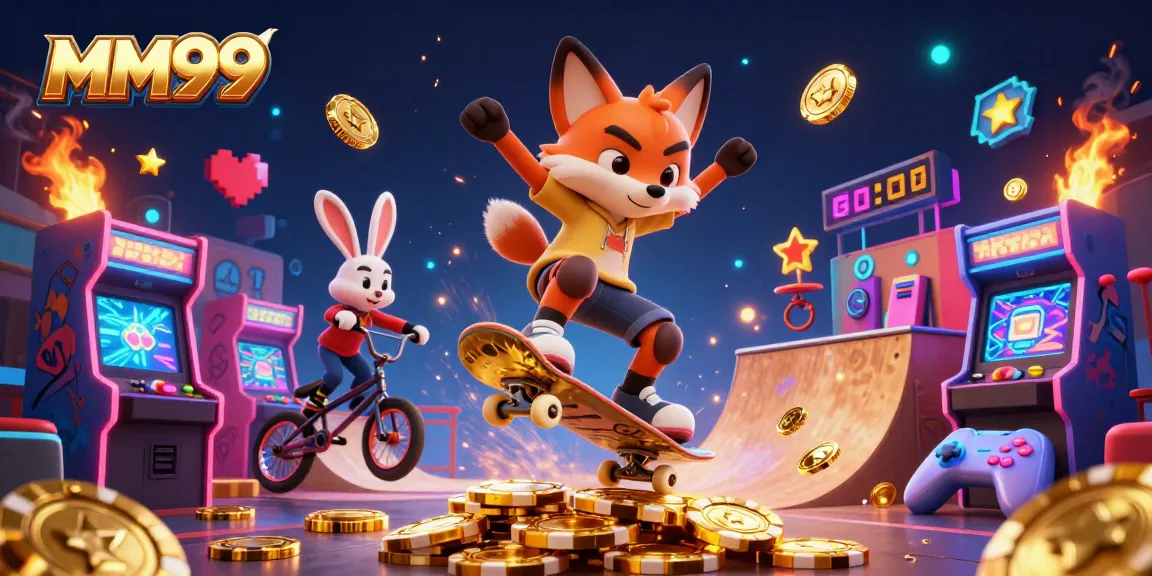 Engage with MM99's vibrant casino atmosphere illustrated with skateboarding foxes and arcade games.