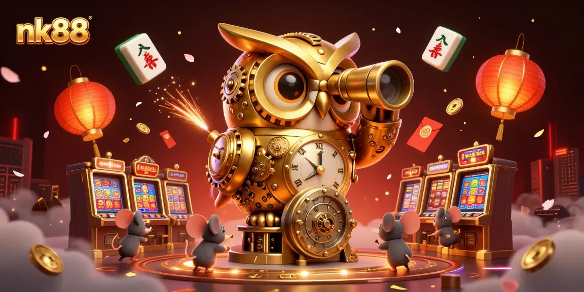 Experience nk88's vibrant gaming world with golden owl and charming mice amidst dynamic casino elements.