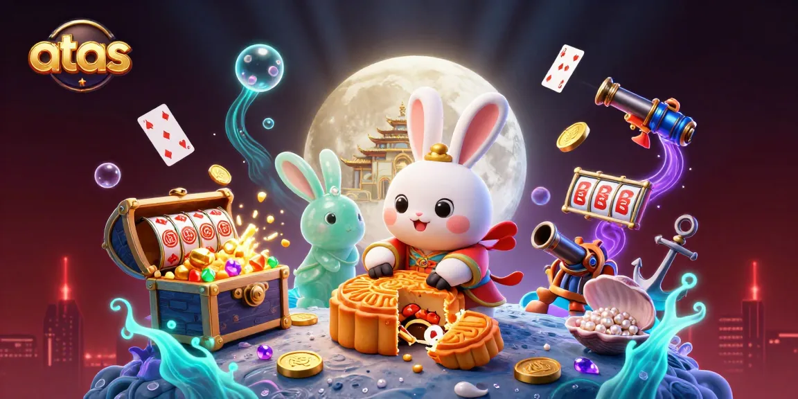 Engage in thrilling gameplay with atas casino, featuring a playful moon rabbit and vibrant gambling elements.
