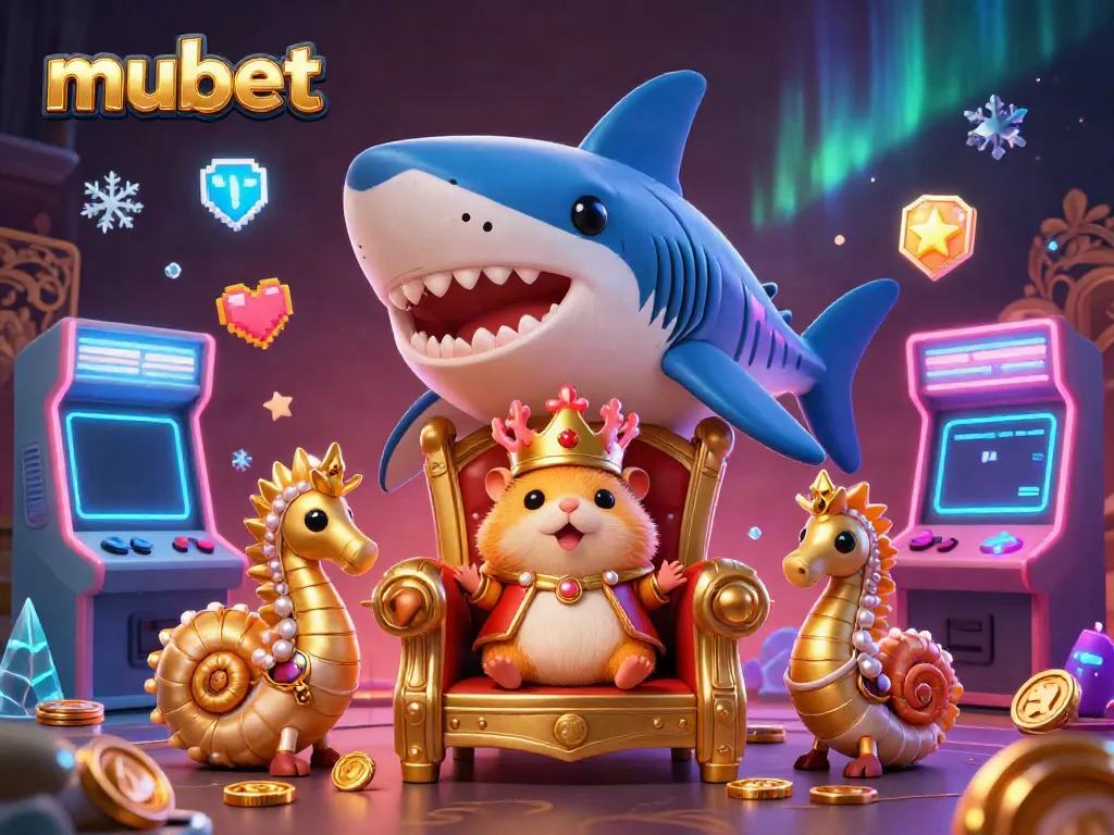 Experience the vibrant world of mubet through a majestic gambling scene featuring a golden hamster king with seahorse guards.
